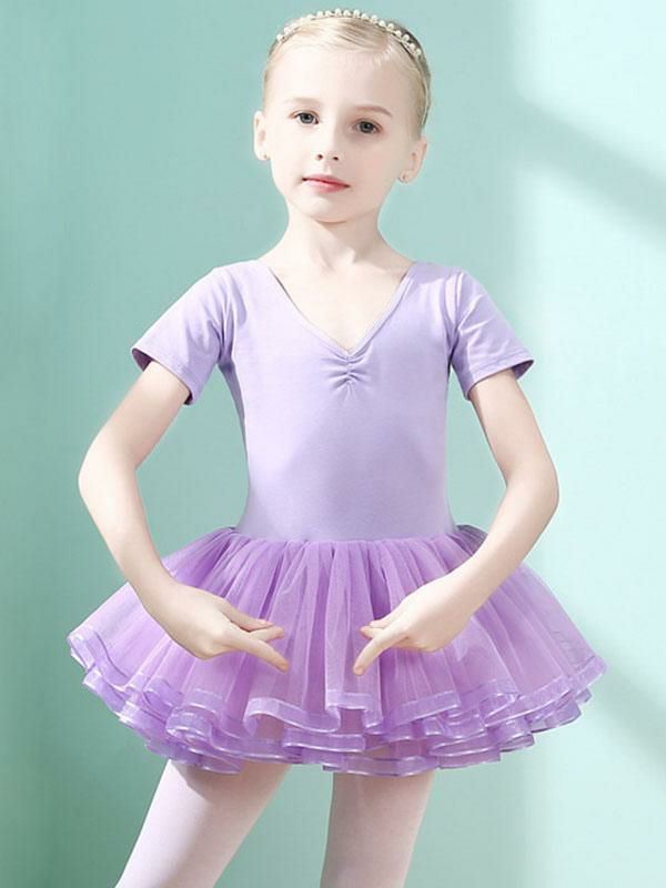 Dance Costumes |  Ballet Dress Lilac Kid’s Dancer Cut Out Ruffles Artwork Pleated Cotton Blend Dress Tunic performance wear Dance Costumes Dance Costumes