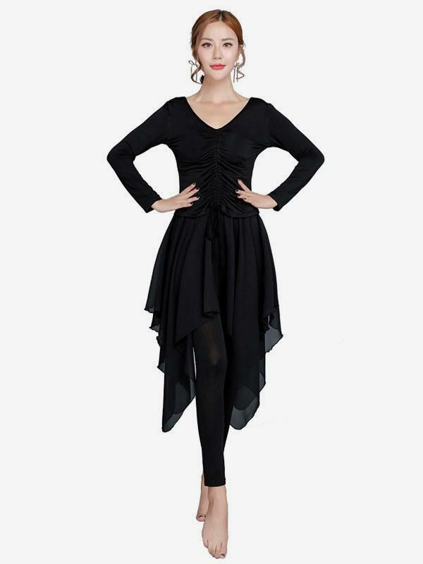 Dance Costumes |  Ballroom Dance Dress Women Black Long Sleeve Ruched V Neck Training Dancing Costume Dance Costumes Dance Costumes