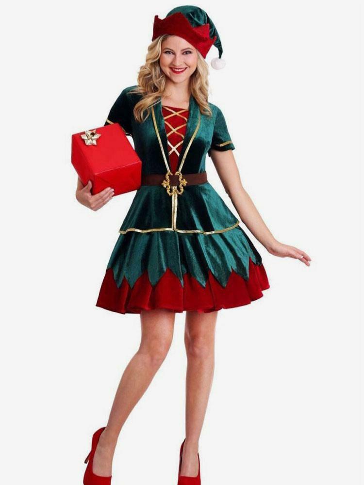 Holidays Costumes |  Women Christmas Costume Green Polyester Fiber Dress Hat Color Block Holidays Costumes Full Set Hobbies Holidays Costumes