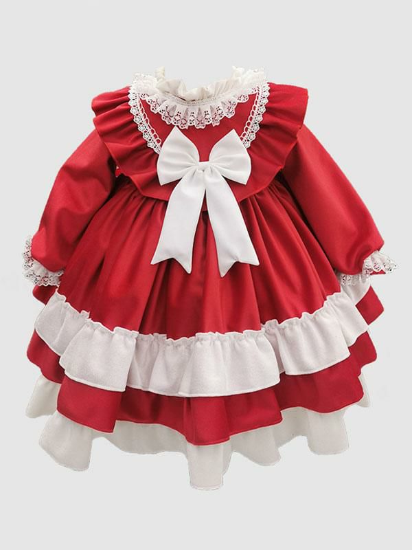 Kids Costumes |  Polyester Daily Casual Bows Long Sleeves Velour Fall Dress ROCOCO Style Red Kids’ Lolita Dresses Hobbies Kids Costumes