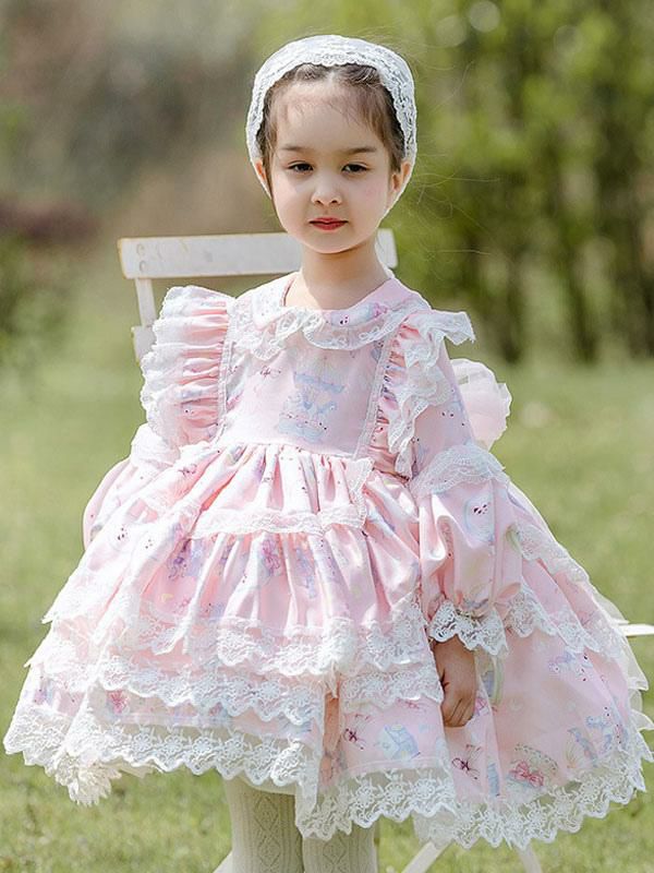 Kids Costumes |  Polyester Daily Casual Lace Long Sleeves Cotton Fall Dress Floral Print ROCOCO Style Pink Kids’ Lolita Dresses Hobbies Kids Costumes