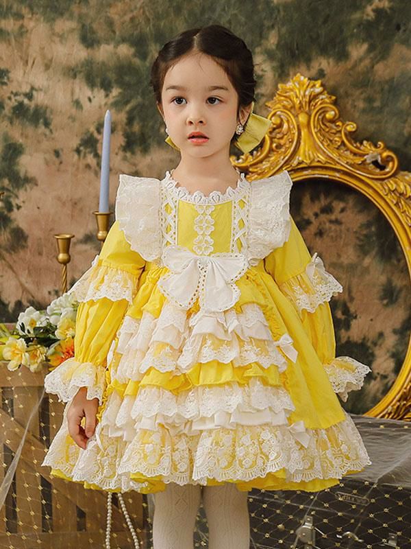 Kids Costumes |  Polyester Tea Party Lace Long Sleeves Cotton Summer Dress ROCOCO Style Yellow Kids’ Lolita Dresses Hobbies Kids Costumes