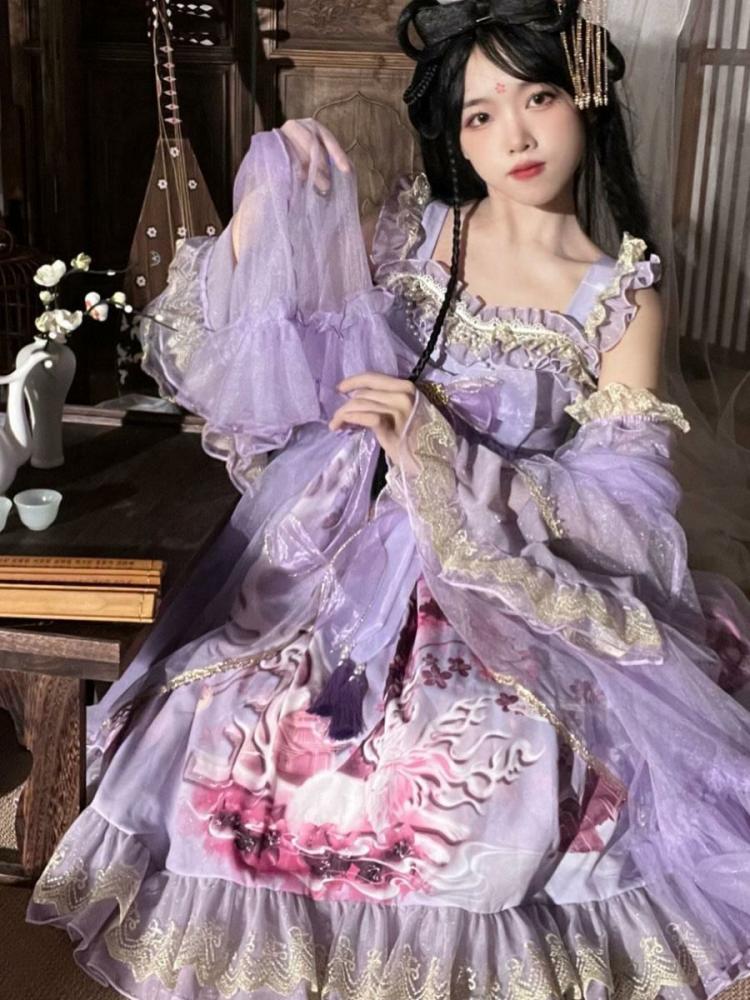 Lolita Clothing |  Chinese Style Lolita Dress Ruffles Sleeveless Polyester Chinese Style Floral Print Burgundy Chinese Style Lolita Hobbies Lolita Clothing