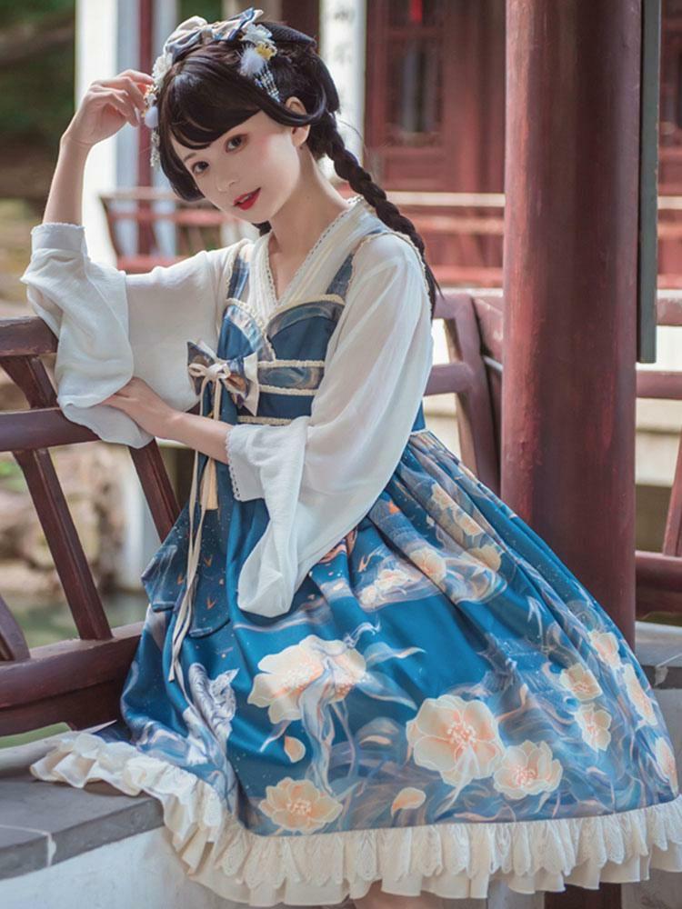 Lolita Clothing |  Chinese Style Lolita JSK Dress Blue Ruffles Floral Print Pattern Polyester Lace Lolita Outfit Hobbies Lolita Clothing