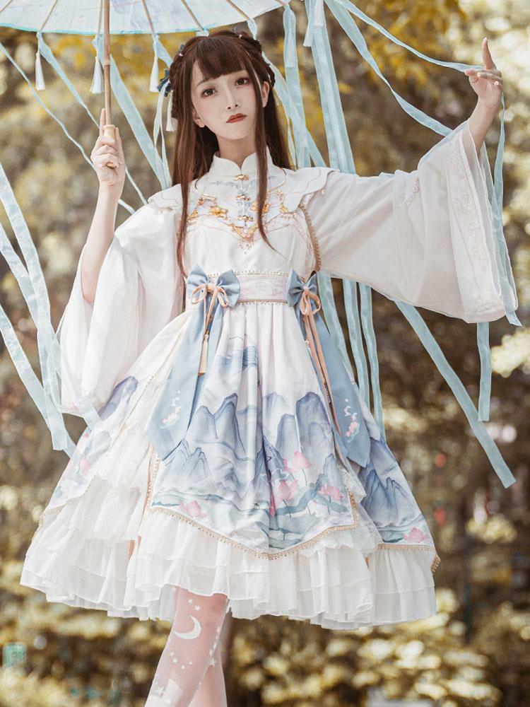 Lolita Clothing |  Chinese Style Lolita OP Dress White Polyester Long Sleeves Tassels Traditional Chinese Lolita One Piece Dresses Hobbies Lolita Clothing