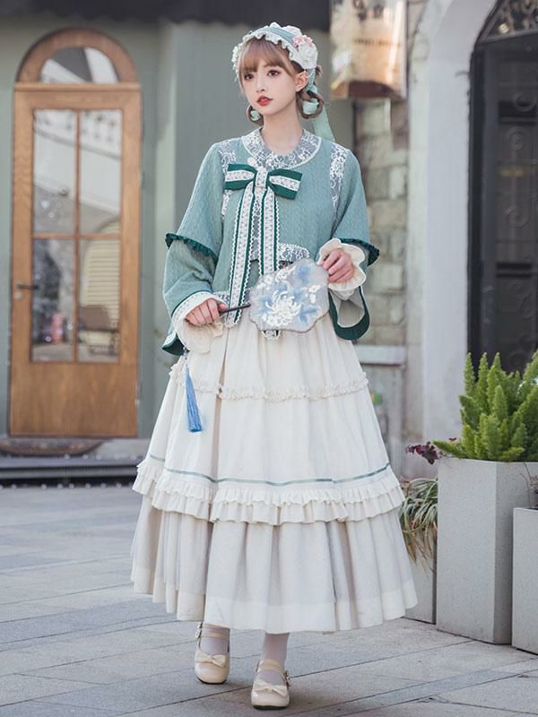 Lolita Clothing |  Chinese Style Lolita Outfits Light Green Bow Lace Lace Long Sleeves Skirt Top Hobbies Lolita Clothing