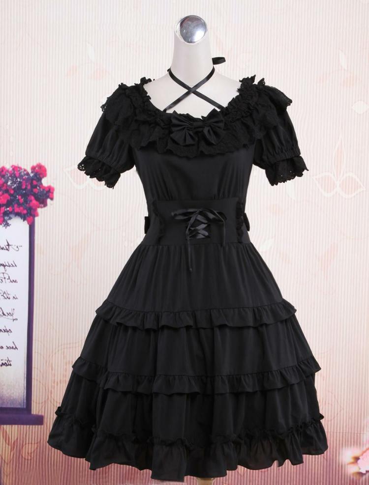 Lolita Clothing |  Classic Black Short Sleeves Cotton Cute Lolita One-Piece Hobbies Lolita Clothing