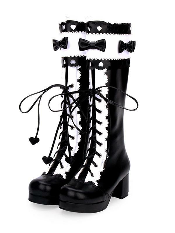 Lolita Clothing |  Classic Lolita Boots Lace Up Bow Two Tone Chunky Heel Black Lolita Knee High Boots Hobbies Lolita Clothing