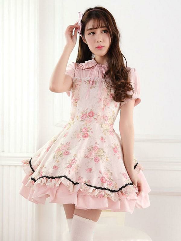 Lolita Clothing |  Classic Lolita One Piece Dress Lace Up Ruffles Pink Printed Lolita One Piece Dresses Hobbies Lolita Clothing