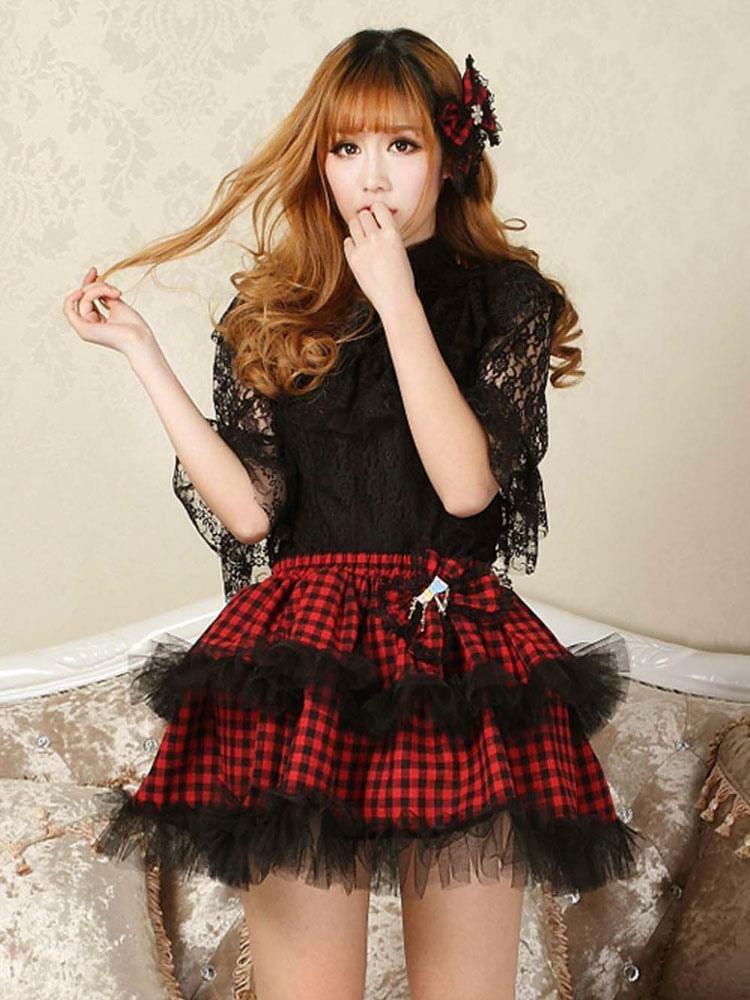 Lolita Clothing |  Classic Lolita SK Bow Plaid Ruffle Lace Red Lolita Skirt Hobbies Lolita Clothing