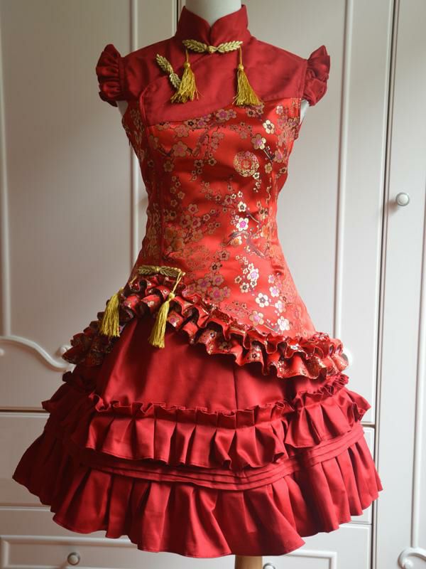 Lolita Clothing |  Classic Red Satin Qi Lolita Dress Sleevesless Plum Blossom Printed Ruffles Hobbies Lolita Clothing