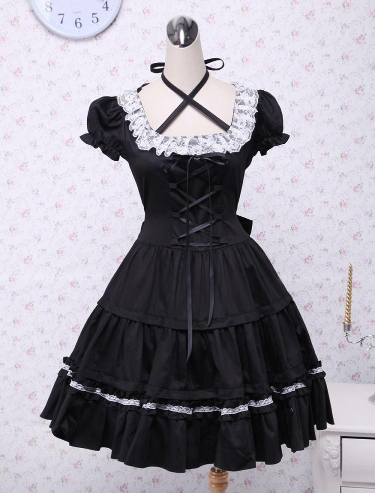 Lolita Clothing |  Cotton Black Lolita OP Dress Short Sleeves with Lace up and White Lace Trim Hobbies Lolita Clothing