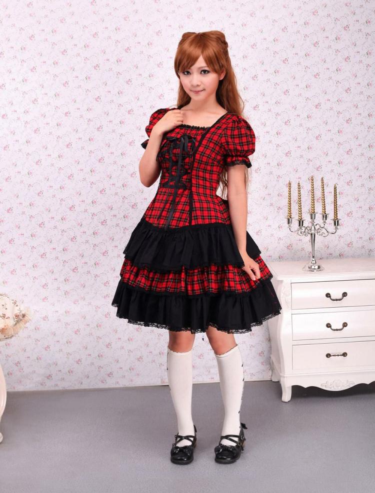 Lolita Clothing |  Cotton Red Black Gingham Loltia OP Dress Short Sleeves Lace Up Hobbies Lolita Clothing