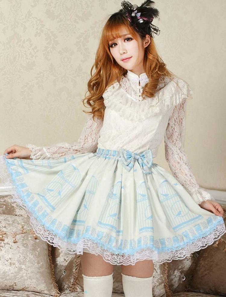 Lolita Clothing |  Elegant Blue Lace Bow Lolita Skirt Hobbies Lolita Clothing