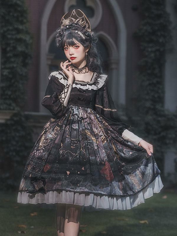 Lolita Clothing |  Gothic Lolita Dresses Bows Ruffles Floral Print Black Hobbies Lolita Clothing