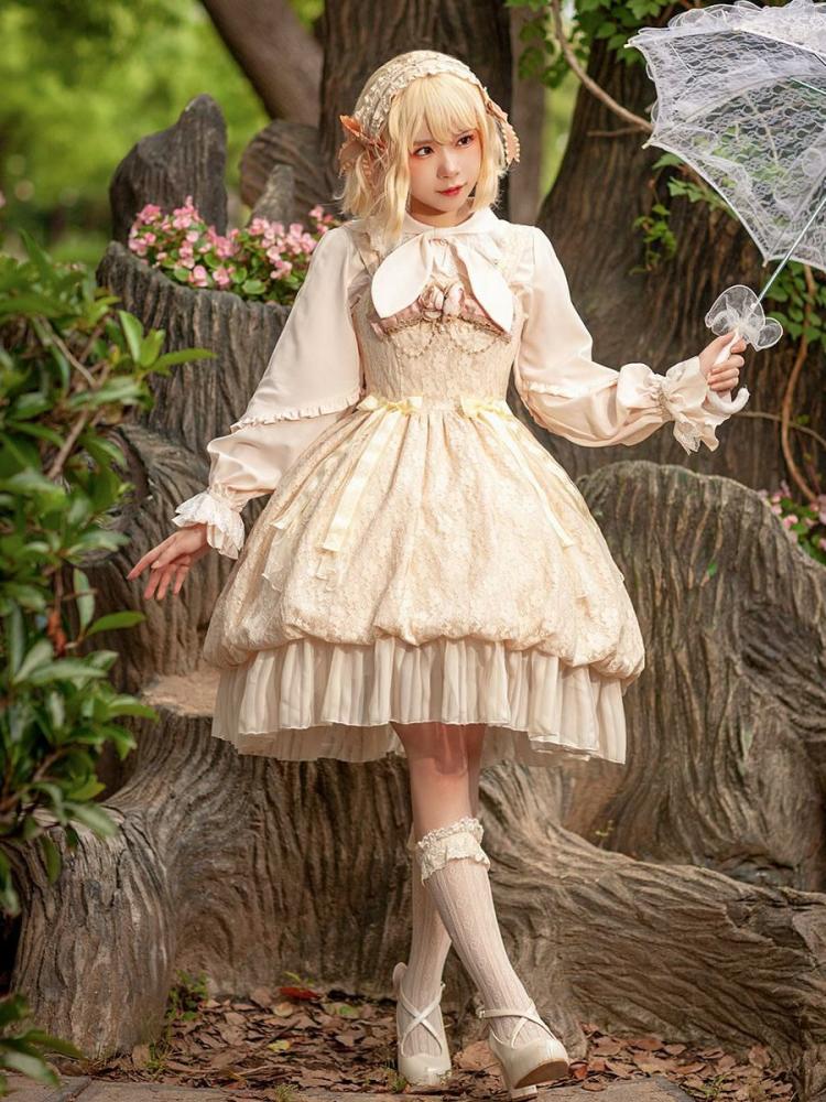 Lolita Clothing |  Gothic Lolita Dresses Ruffles Lace Light Apricot White Adjustable Elastic Hobbies Lolita Clothing