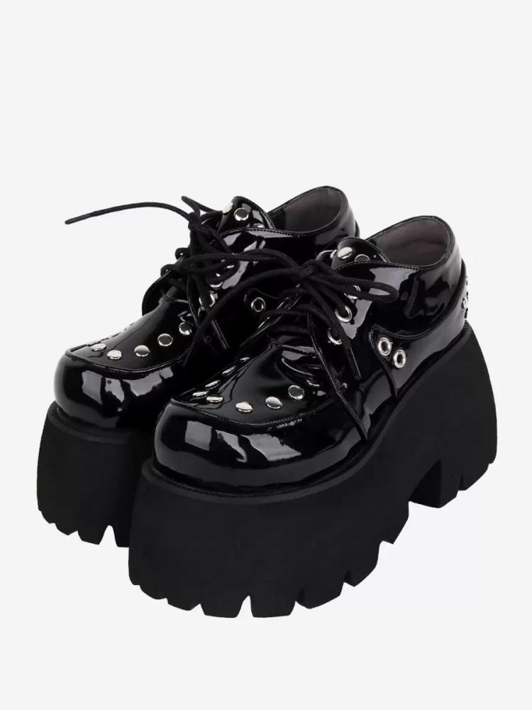 Lolita Clothing |  Gothic Lolita Footwear Black Metallic Rivets Round Toe PU Leather Lolita Shoes Hobbies Lolita Clothing