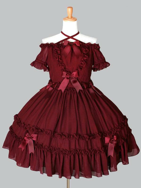 Lolita Clothing |  Gothic Lolita OP One Piece Dress Off The Shoulder Halter Ruffles Bows Pleated Burgundy Lolita Dress Hobbies Lolita Clothing