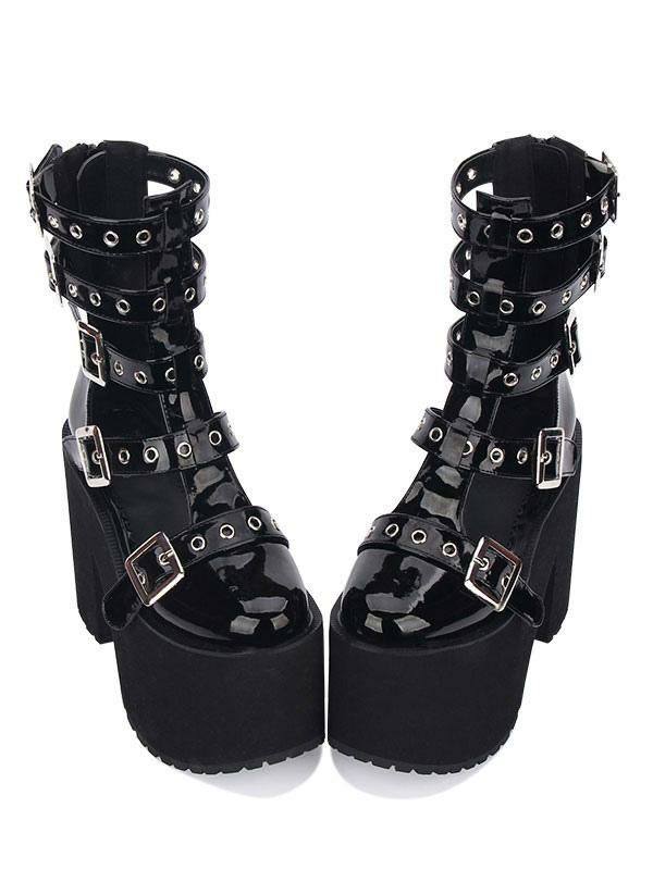 Lolita Clothing |  Gothic Lolita Sandal Grommet Buckle Platform Glazed Black Lolita Shoes Hobbies Lolita Clothing