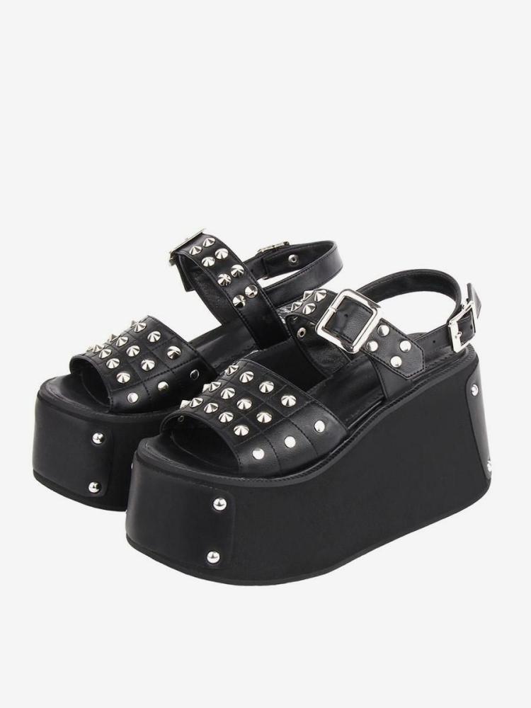 Lolita Clothing |  Gothic Lolita Sandals Black Rivets PU Leather Round Toe Lolita Summer Shoes Hobbies Lolita Clothing