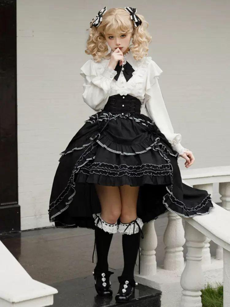 Lolita Clothing |  Gothic Lolita SK Jacquard Black Ruffles Tiered Lolita Skirts Hobbies Lolita Clothing