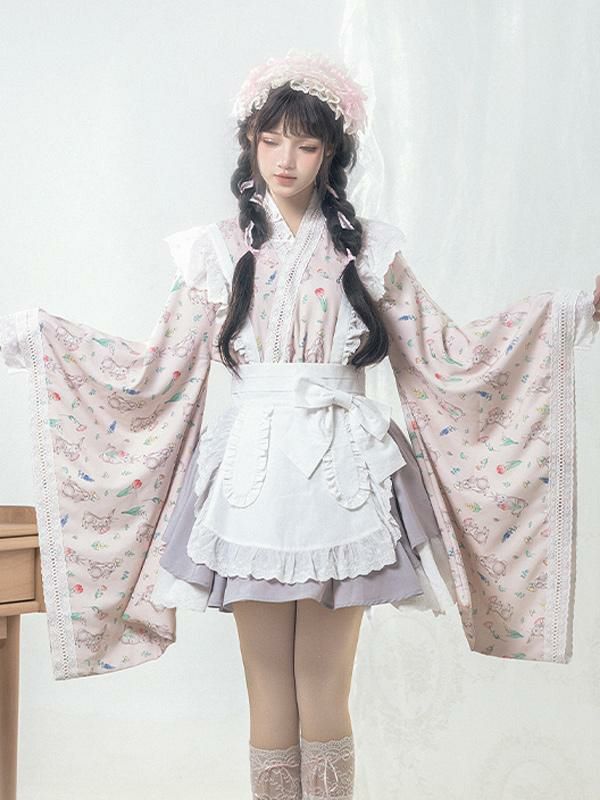 Lolita Clothing |  Japanese Style Lolita Costumes Lolita Dresses Polyester Bows Floral Print Kimono Long Sleeves Pink Hobbies Lolita Clothing