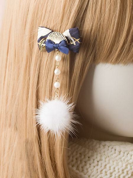 Lolita Clothing |  Kimono Lolita Hairpin Pom Pom Pearl Bow Fan Blue Lolita Hair Accessory Hobbies Lolita Clothing