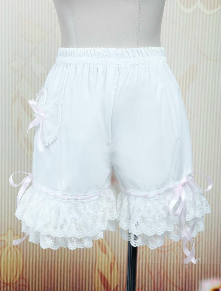 Lolita Clothing |  Lolita Bloomers White Cotton Lace Trim Heart Shape Pocket Bow Ribbon Hobbies Lolita Clothing