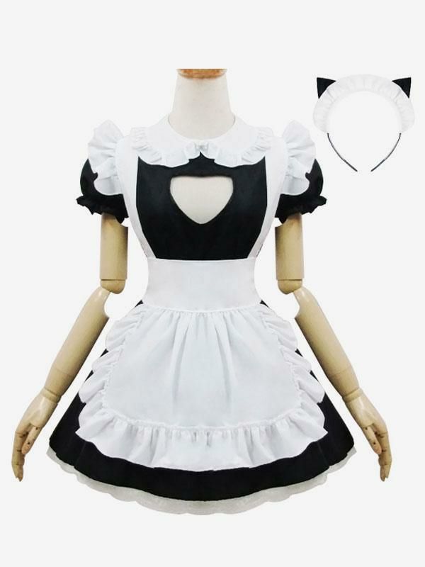 Lolita Clothing |  Maid Lolita Outfits Black Puff Sleeve Peter Pan Collar Two Tone OP One Piece Dress With Ruffles Apron And Headpieces Hobbies Lolita Clothing