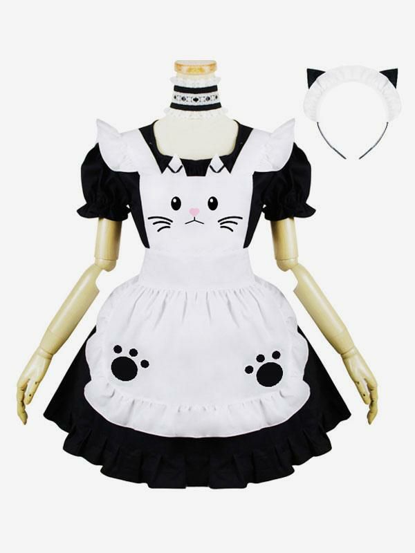 Lolita Clothing |  Maiden Style Lolita Outfit Kitten Embroidered U Neck Ruffle Black 4 Piece Lolita Set Hobbies Lolita Clothing