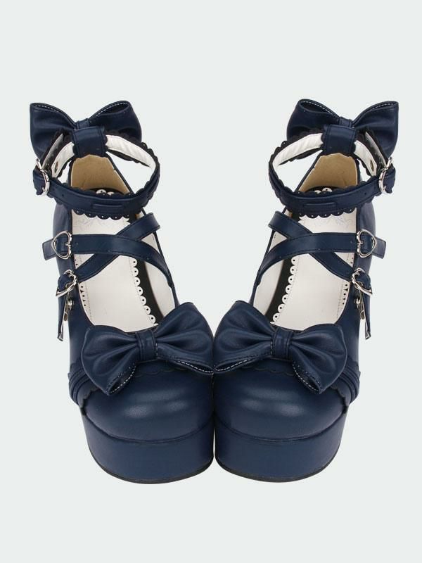 Lolita Clothing |  Navy Blue Lolita Chunky Pony Heels Shoes Platform Ankle Straps Bows Heart Shape Buckles Hobbies Lolita Clothing