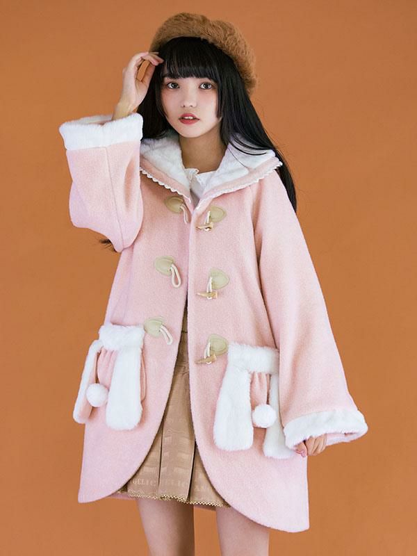 Lolita Clothing |  Pink Lolita Coats Lace Pom Poms Polyester Overcoat Color Block Winter Lolita Outwears Hobbies Lolita Clothing