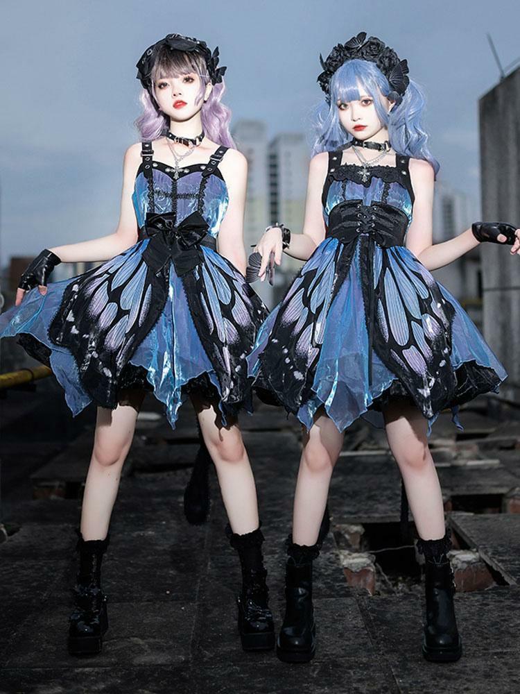 Lolita Clothing |  Punk Gothic Lolita Butterfly JSK Dress Sleeveless Bows Blue Lolita Jumper Skirt Hobbies Lolita Clothing