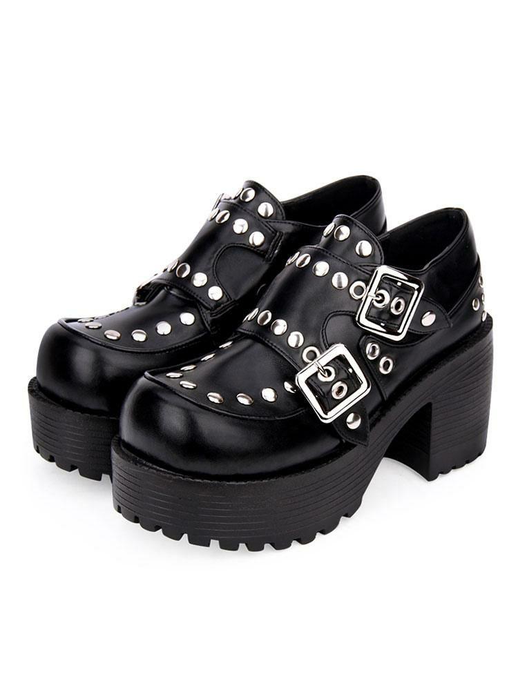 Lolita Clothing |  Punk Lolita Footwear Rivet Buckle Chunky Heel Platform Black Lolita Shoes Hobbies Lolita Clothing