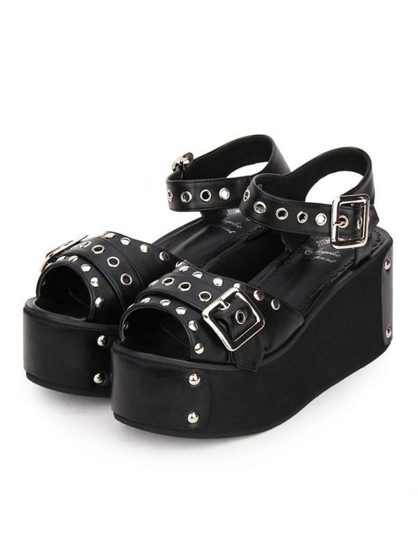 Lolita Clothing |  Punk Lolita Sandals Metallic Rivet Grommet Platform Wedge Heel Black Lolita Shoes Hobbies Lolita Clothing