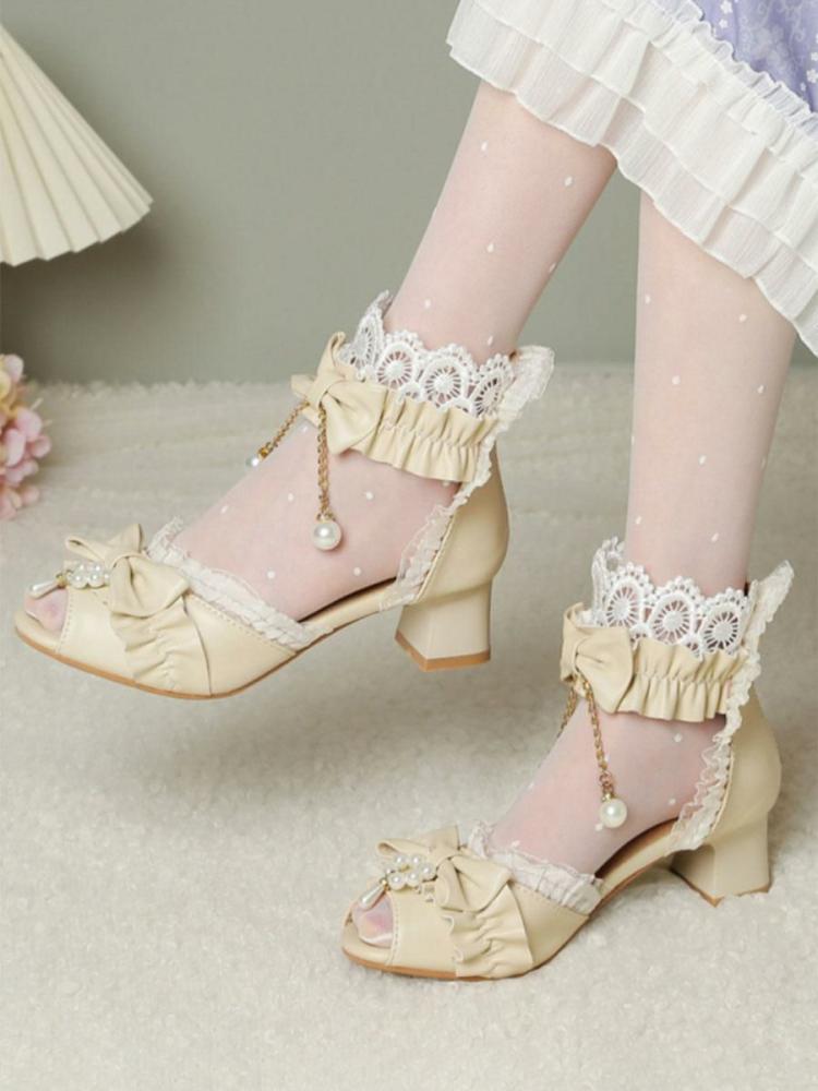 Lolita Clothing |  ROCOCO Style Lolita Sandals Ecru White Bows Pearls PU Leather Peep Toe Lolita Summer Shoes Hobbies Lolita Clothing