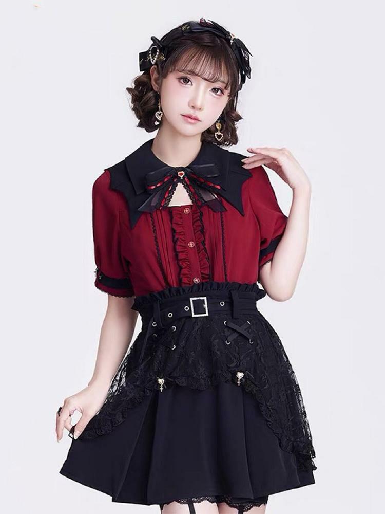 Lolita Clothing |  Steampunk Lolita Blouses Ruffles Lace Lolita Top Short Sleeves Blouse Burgundy Lolita Shirt Hobbies Lolita Clothing