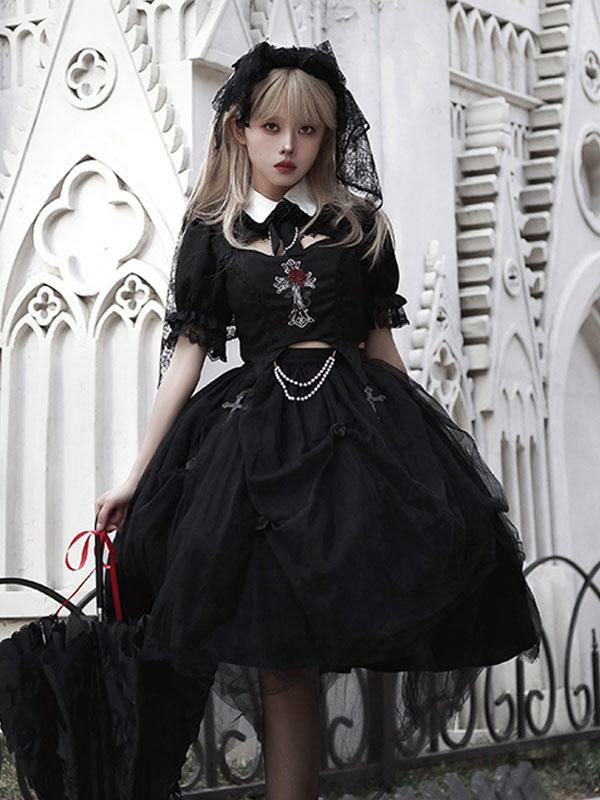 Lolita Clothing |  Steampunk Lolita Outfits Black Lace Ruffles Short Sleeves Skirt Top Hobbies Lolita Clothing