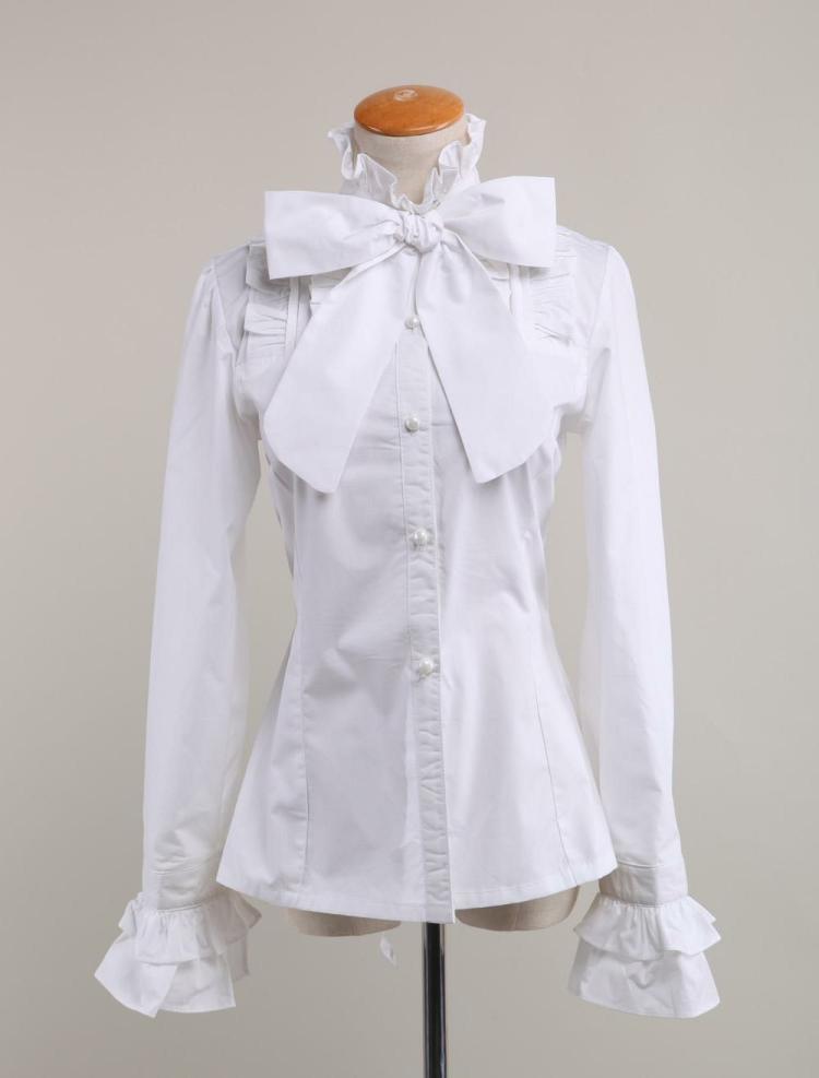 Lolita Clothing |  Sweet Lolita Blouse Long Sleeves White Cotton Stand Collar Bow Ruffles Hobbies Lolita Clothing