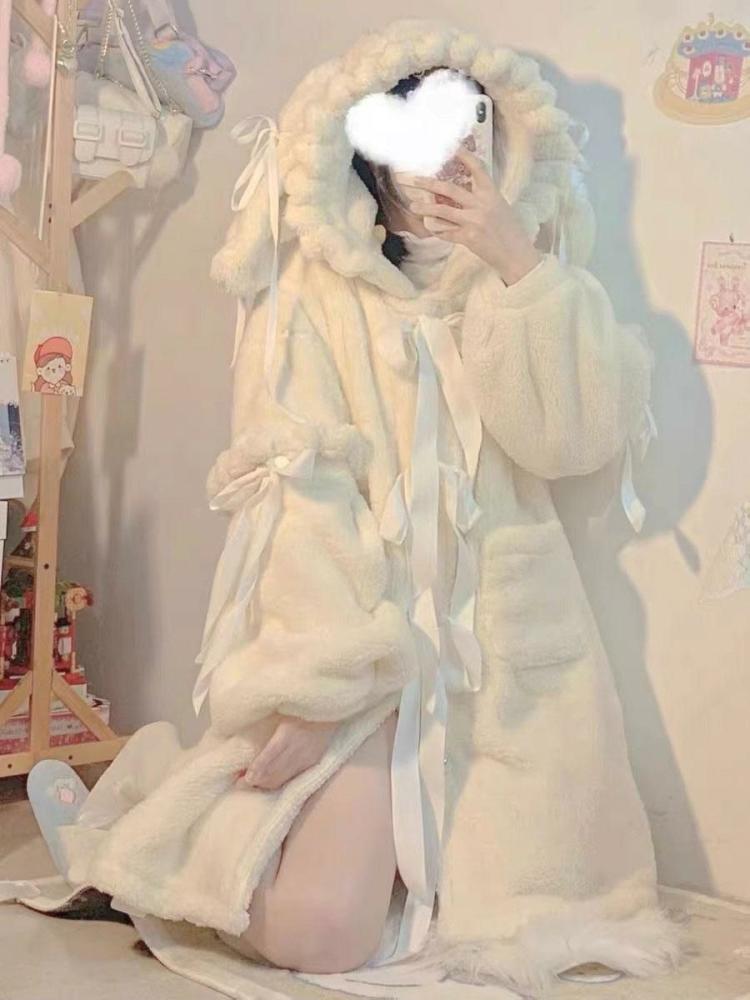 Lolita Clothing |  Sweet Lolita Coats Ecru White Bows Overcoat Short Plush Winter Lolita Outwears Hobbies Lolita Clothing