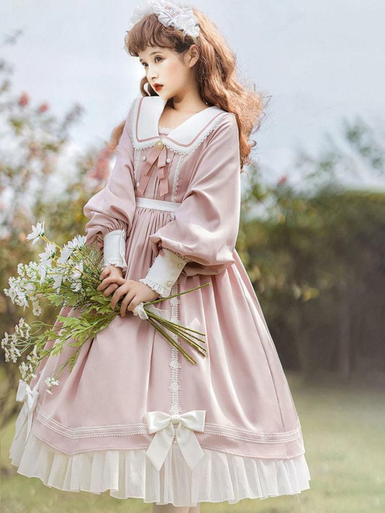 Lolita Clothing |  Sweet Lolita Dress Polyester Long Sleeves Ruffles Lace Bows Pink Sweet Lolita One Piece Dress Hobbies Lolita Clothing