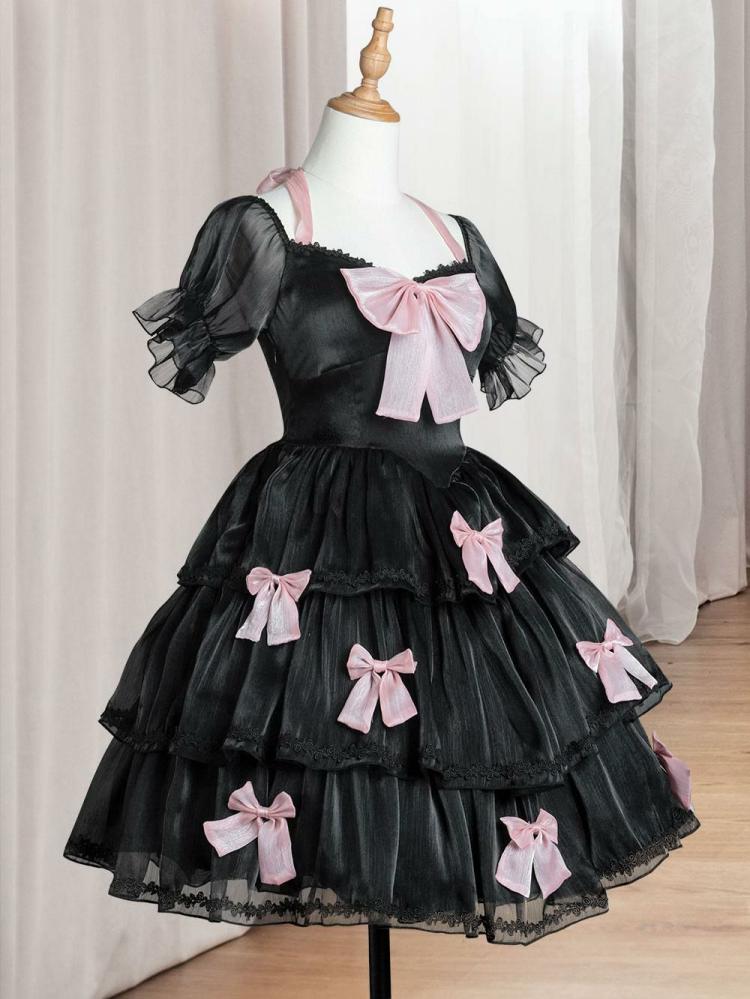 Lolita Clothing |  Sweet Lolita Dress Polyester Short Sleeves Lace Bows Ruffles Black Lolita One Piece Dress Hobbies Lolita Clothing