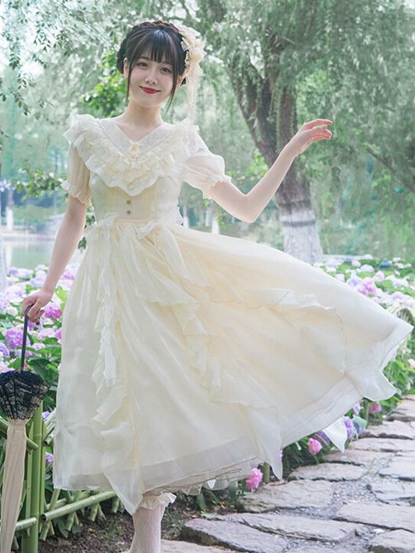 Lolita Clothing |  Sweet Lolita Dress Polyester Short Sleeves Ruffles Dress Sweet Lolita Dress Hobbies Lolita Clothing