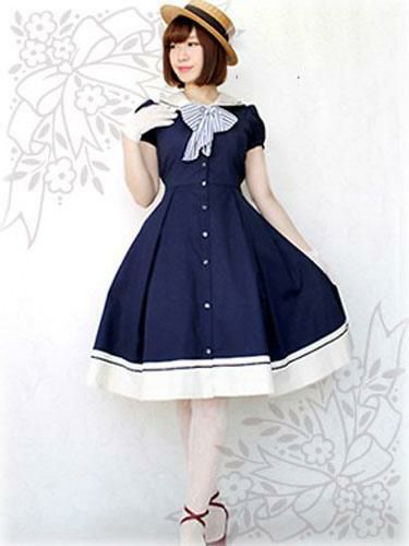 Lolita Clothing |  Sweet Lolita Dress Sailor OP Cotton Bow Buttons Dark Navy Lolita One Piece Dress Hobbies Lolita Clothing