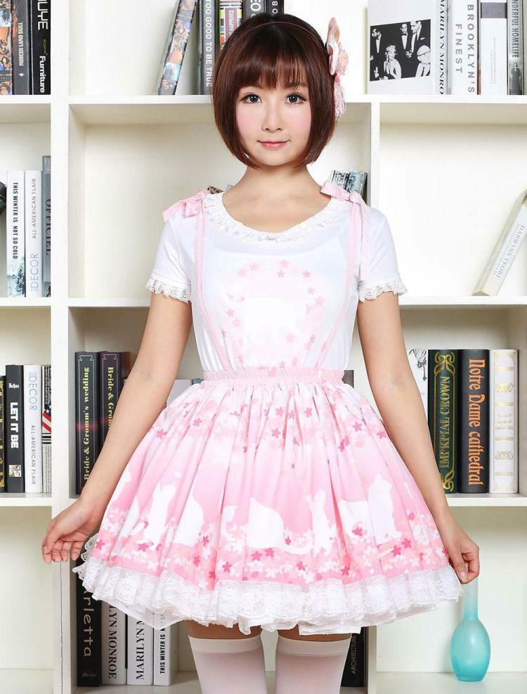 Lolita Clothing |  Sweet Lolita Dress SK Pink Lolita Dress The Cat Under The Tree Printed Lace Hem Lolita Skirt Hobbies Lolita Clothing