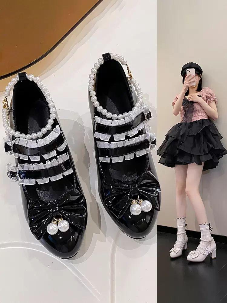 Lolita Clothing |  Sweet Lolita Footwear Black Chains Pearls Ruffles Pointed Toe PU Leather Lolita Shoes Hobbies Lolita Clothing