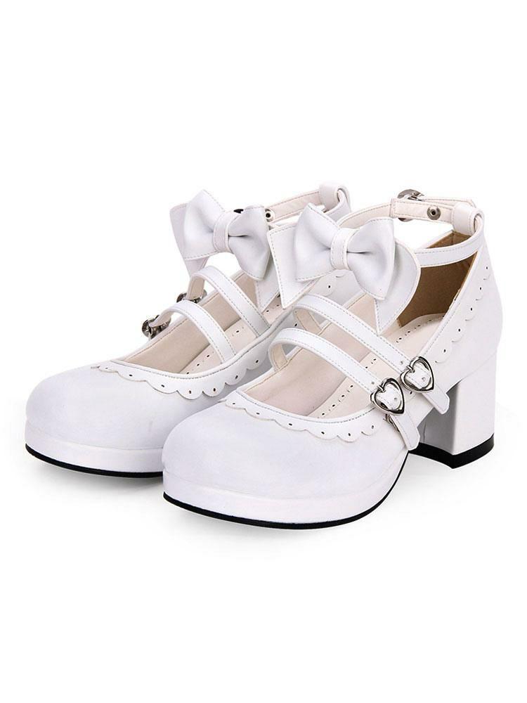 Lolita Clothing |  Sweet Lolita Footwear Bow Frill Strappy Chunky High Heel White Lolita Shoes Hobbies Lolita Clothing