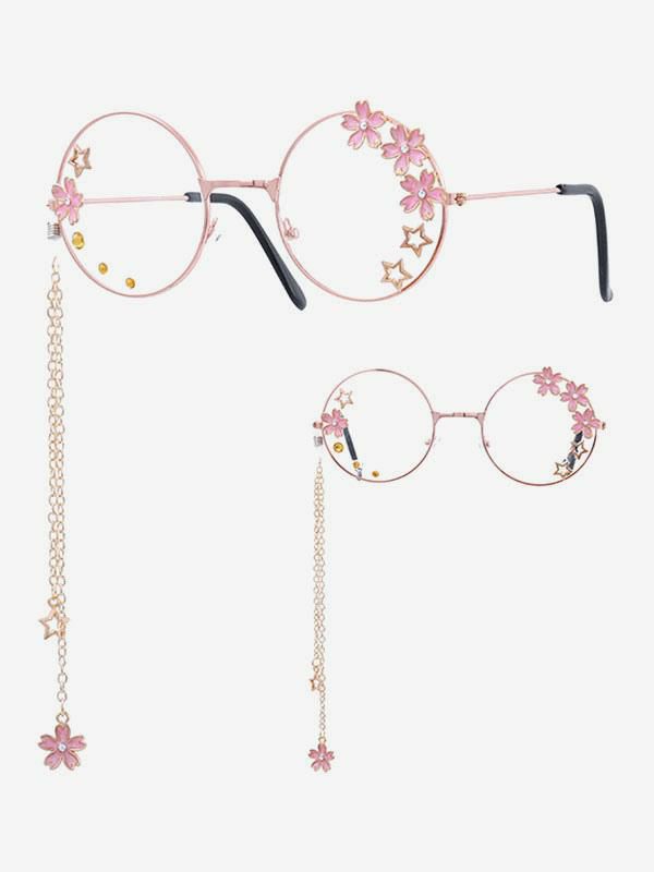 Lolita Clothing |  Sweet Lolita Glasses Pink Chains Flowers Stars Round Frame Sunglasses Hobbies Lolita Clothing