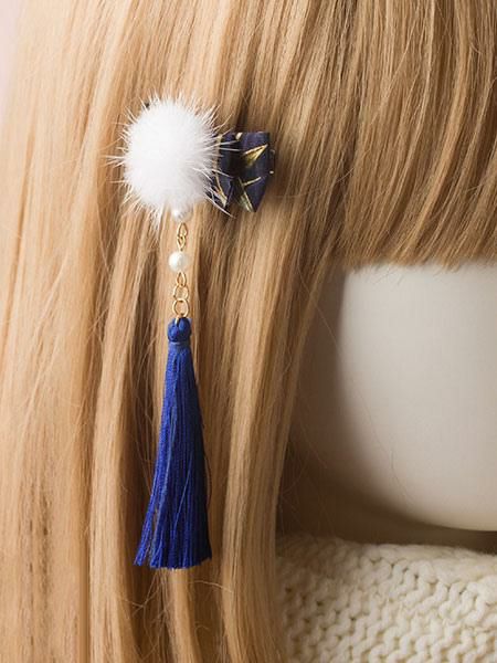 Lolita Clothing |  Sweet Lolita Hairpin Pom Pom Pearl Tassel Bow Blue Lolita Hair Accessory Hobbies Lolita Clothing