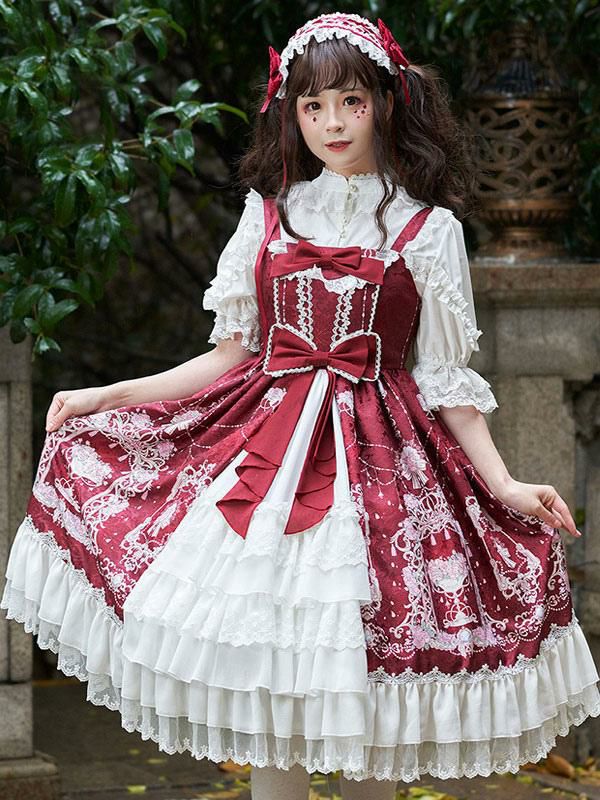 Lolita Clothing |  Sweet Lolita JSK Dress Bow Lace Front Opening Floral Print Lolita Jumper Skirts Hobbies Lolita Clothing